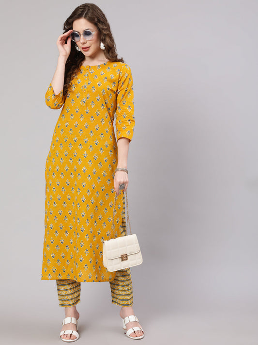 Women Mustard Printed Straight Kurta With Trouser | LASVINI - Redefining Indian Fashion with Elegance