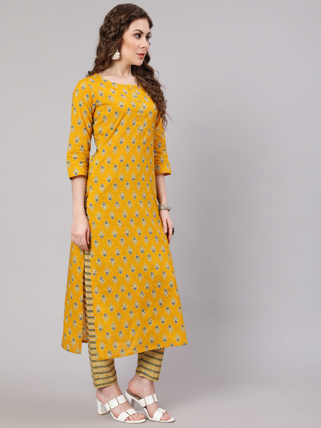 Women Mustard Printed Straight Kurta With Trouser | LASVINI - Redefining Indian Fashion with Elegance