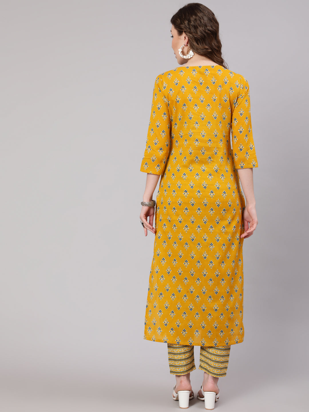Women Mustard Printed Straight Kurta With Trouser | LASVINI - Redefining Indian Fashion with Elegance