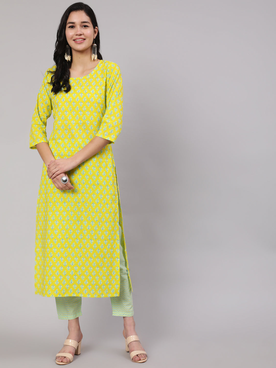 Women Lime Green Ethnic Printed Kurta With Trouser | LASVINI - Redefining Indian Fashion with Elegance