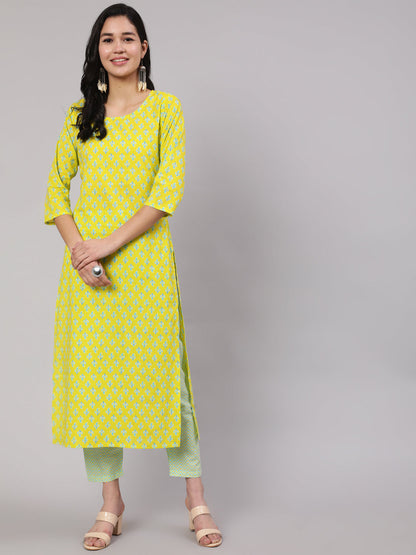 Women Lime Green Ethnic Printed Kurta With Trouser | LASVINI - Redefining Indian Fashion with Elegance