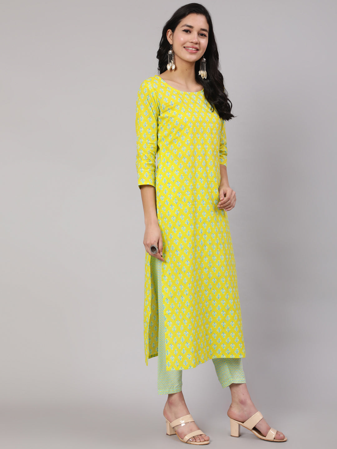 Women Lime Green Ethnic Printed Kurta With Trouser | LASVINI - Redefining Indian Fashion with Elegance
