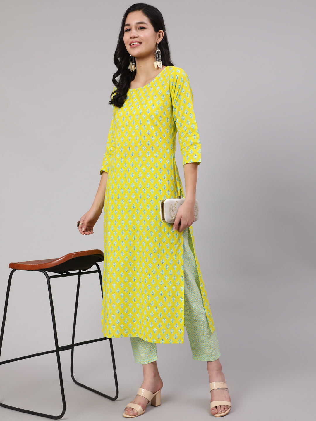 Women Lime Green Ethnic Printed Kurta With Trouser | LASVINI - Redefining Indian Fashion with Elegance