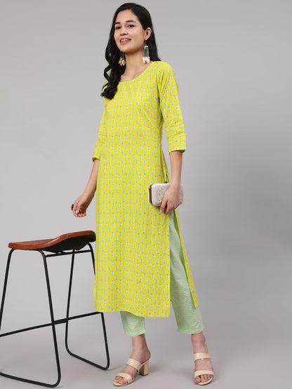 Women Lime Green Ethnic Printed Kurta With Trouser | LASVINI - Redefining Indian Fashion with Elegance