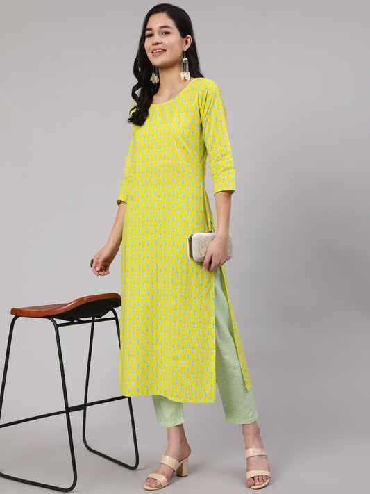 Women Lime Green Ethnic Printed Kurta With Trouser | LASVINI - Redefining Indian Fashion with Elegance