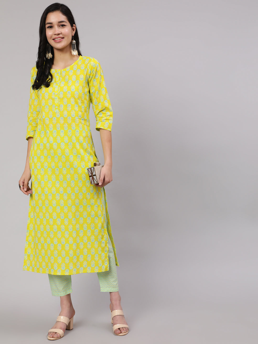 Women Lime Green Ethnic Printed Kurta With Trouser | LASVINI - Redefining Indian Fashion with Elegance