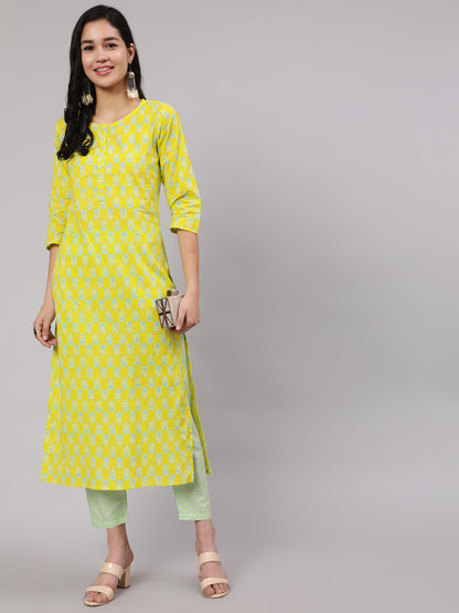 Women Lime Green Ethnic Printed Kurta With Trouser | LASVINI - Redefining Indian Fashion with Elegance