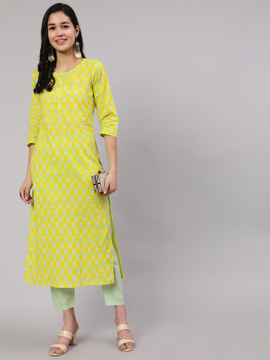 Women Lime Green Ethnic Printed Kurta With Trouser | LASVINI - Redefining Indian Fashion with Elegance