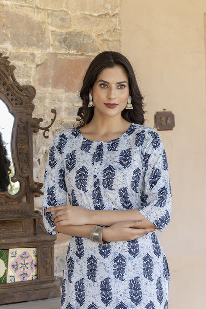 Women Blue Printed Straight Kurta With Trouser | LASVINI - Redefining Indian Fashion with Elegance