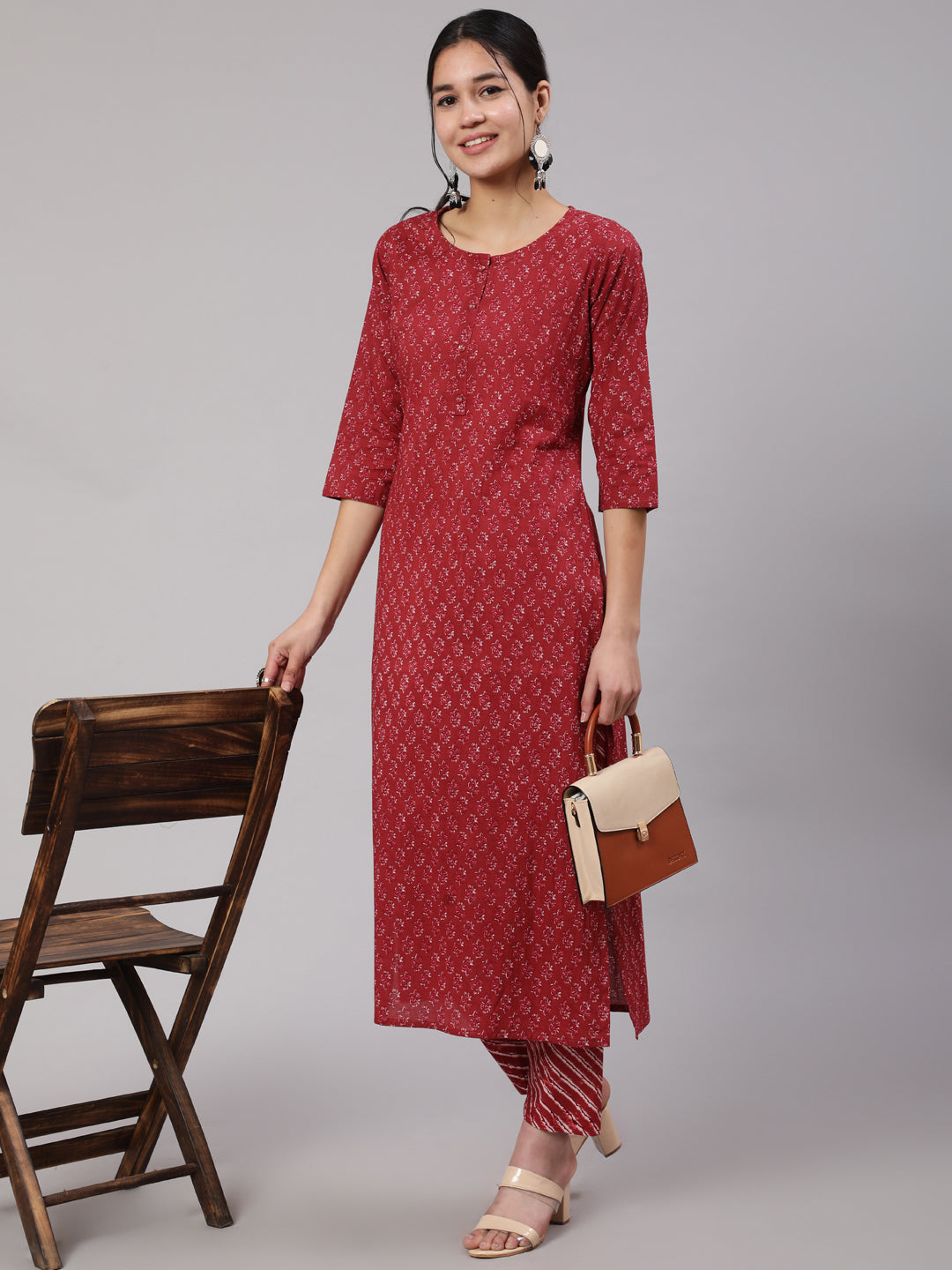 Women Burgundy Ethnic Printed Straight Kurta With Trouser | LASVINI - Redefining Indian Fashion with Elegance