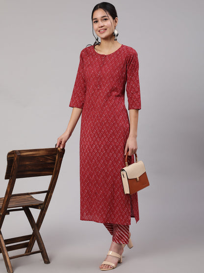 Women Burgundy Ethnic Printed Straight Kurta With Trouser | LASVINI - Redefining Indian Fashion with Elegance