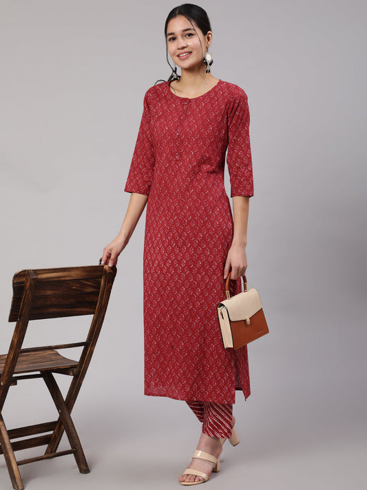 Women Burgundy Ethnic Printed Straight Kurta With Trouser | LASVINI - Redefining Indian Fashion with Elegance