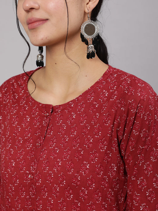Women Burgundy Ethnic Printed Straight Kurta With Trouser | LASVINI - Redefining Indian Fashion with Elegance