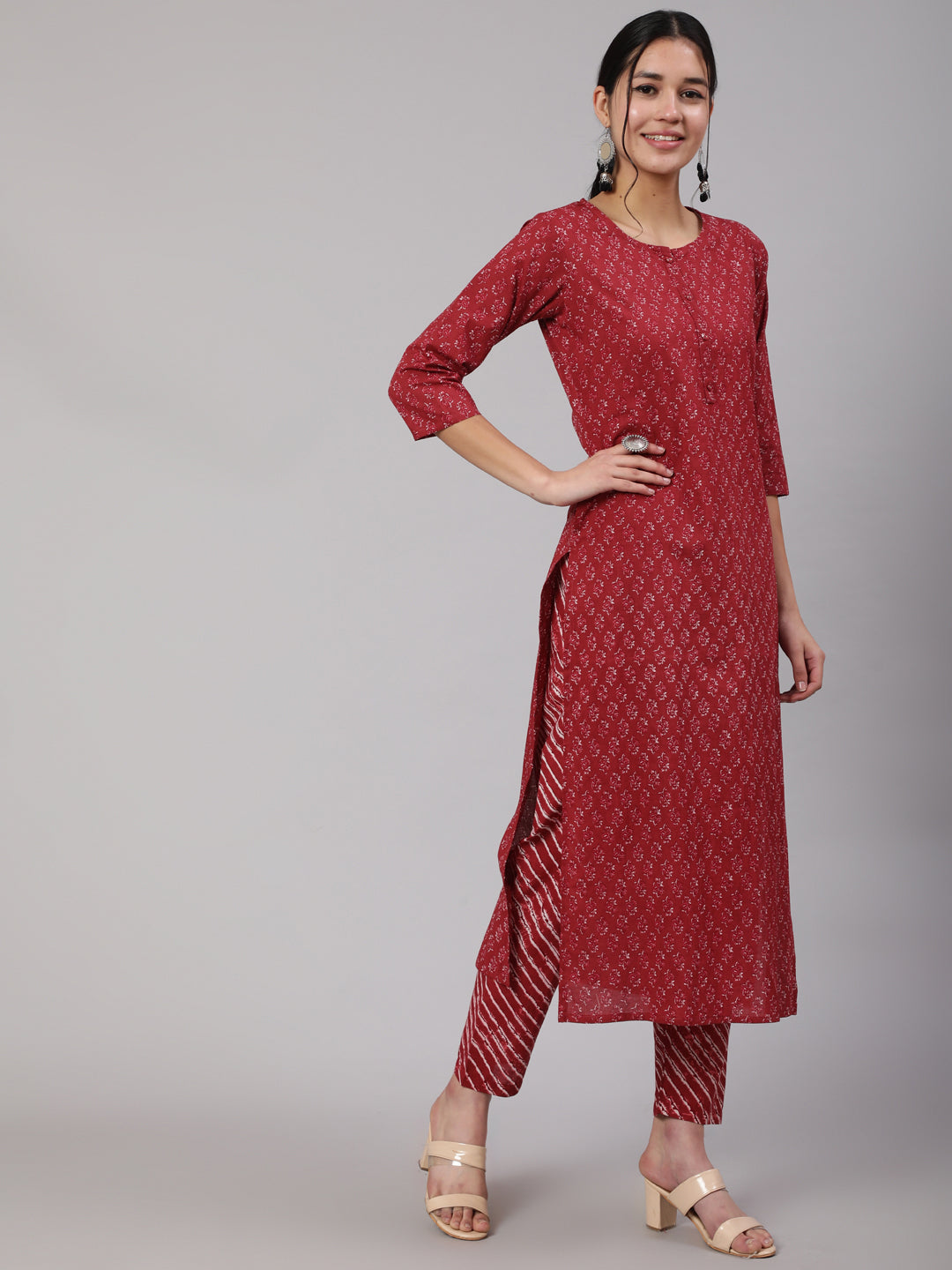 Women Burgundy Ethnic Printed Straight Kurta With Trouser | LASVINI - Redefining Indian Fashion with Elegance