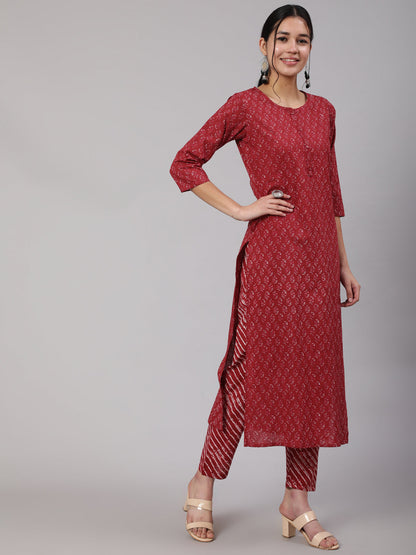 Women Burgundy Ethnic Printed Straight Kurta With Trouser | LASVINI - Redefining Indian Fashion with Elegance