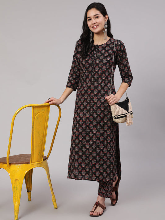Women Black Ethnic Printed Straight Kurta With Trouser | LASVINI - Redefining Indian Fashion with Elegance