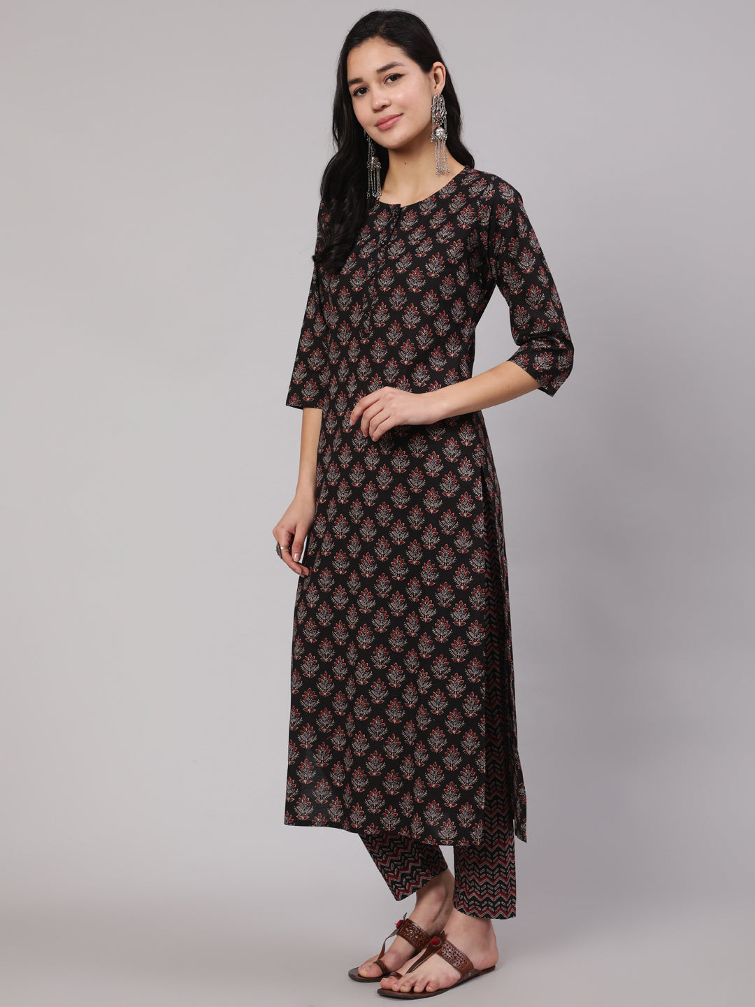 Women Black Ethnic Printed Straight Kurta With Trouser | LASVINI - Redefining Indian Fashion with Elegance