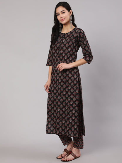 Women Black Ethnic Printed Straight Kurta With Trouser | LASVINI - Redefining Indian Fashion with Elegance