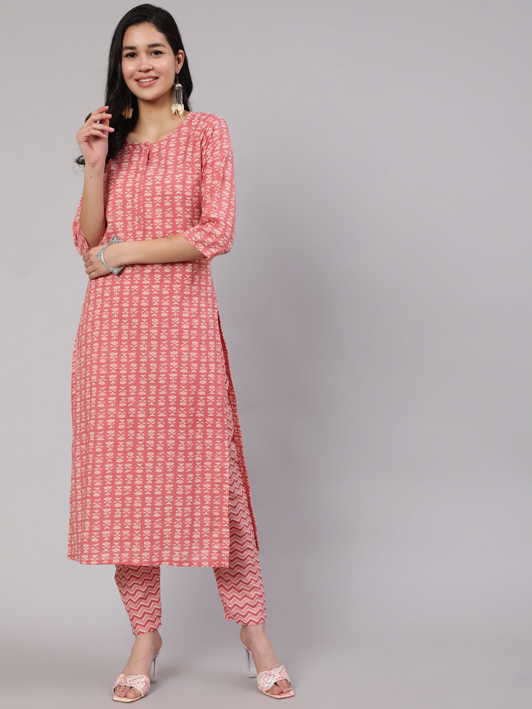 Women Pink Ethnic Printed Straight Kurta With Trouser | LASVINI - Redefining Indian Fashion with Elegance