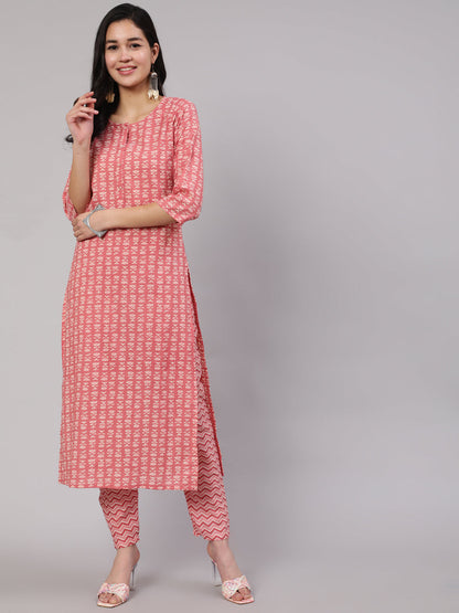 Women Pink Ethnic Printed Straight Kurta With Trouser | LASVINI - Redefining Indian Fashion with Elegance