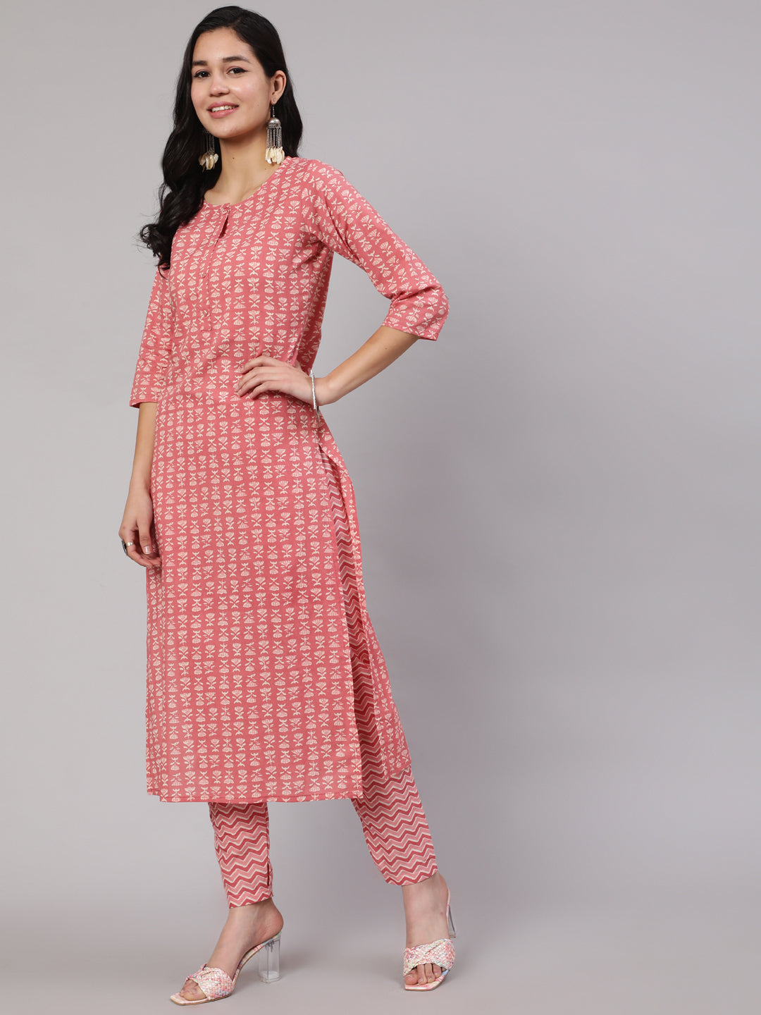 Women Pink Ethnic Printed Straight Kurta With Trouser | LASVINI - Redefining Indian Fashion with Elegance