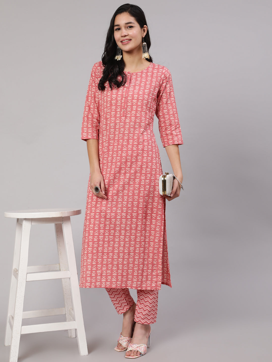 Women Pink Ethnic Printed Straight Kurta With Trouser | LASVINI - Redefining Indian Fashion with Elegance