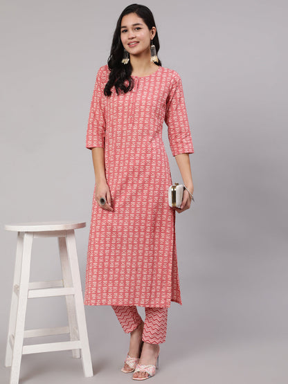 Women Pink Ethnic Printed Straight Kurta With Trouser | LASVINI - Redefining Indian Fashion with Elegance