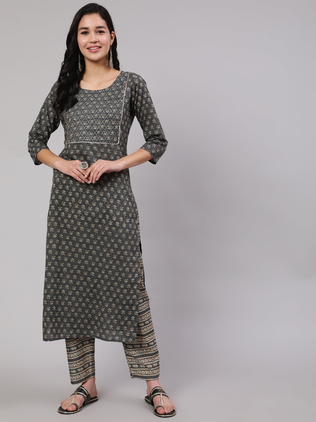 Women Grey Printed Straight Kurta With Trouser | LASVINI - Redefining Indian Fashion with Elegance