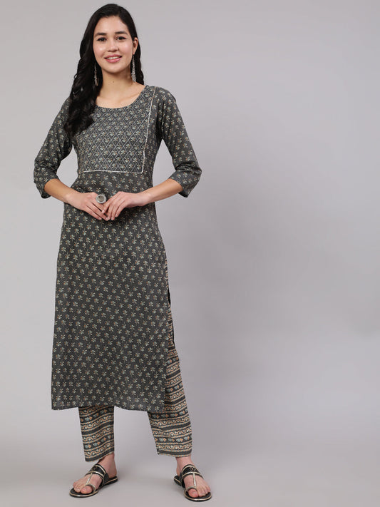 Women Grey Printed Straight Kurta With Trouser | LASVINI - Redefining Indian Fashion with Elegance