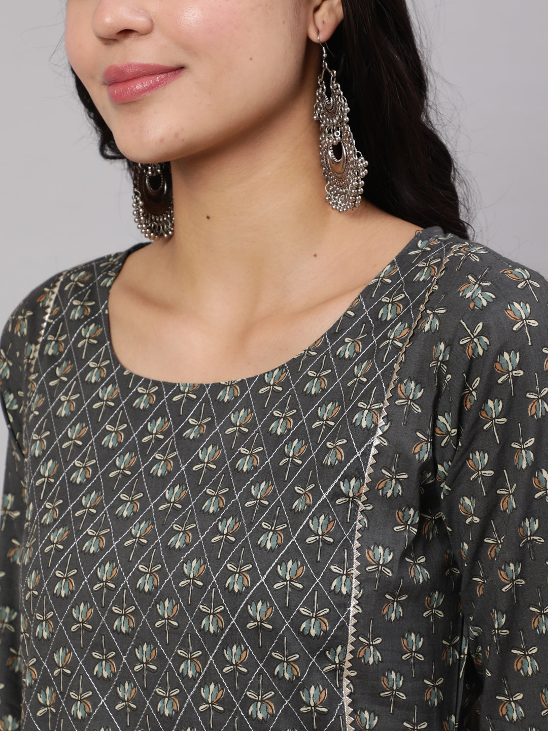 Women Grey Printed Straight Kurta With Trouser | LASVINI - Redefining Indian Fashion with Elegance
