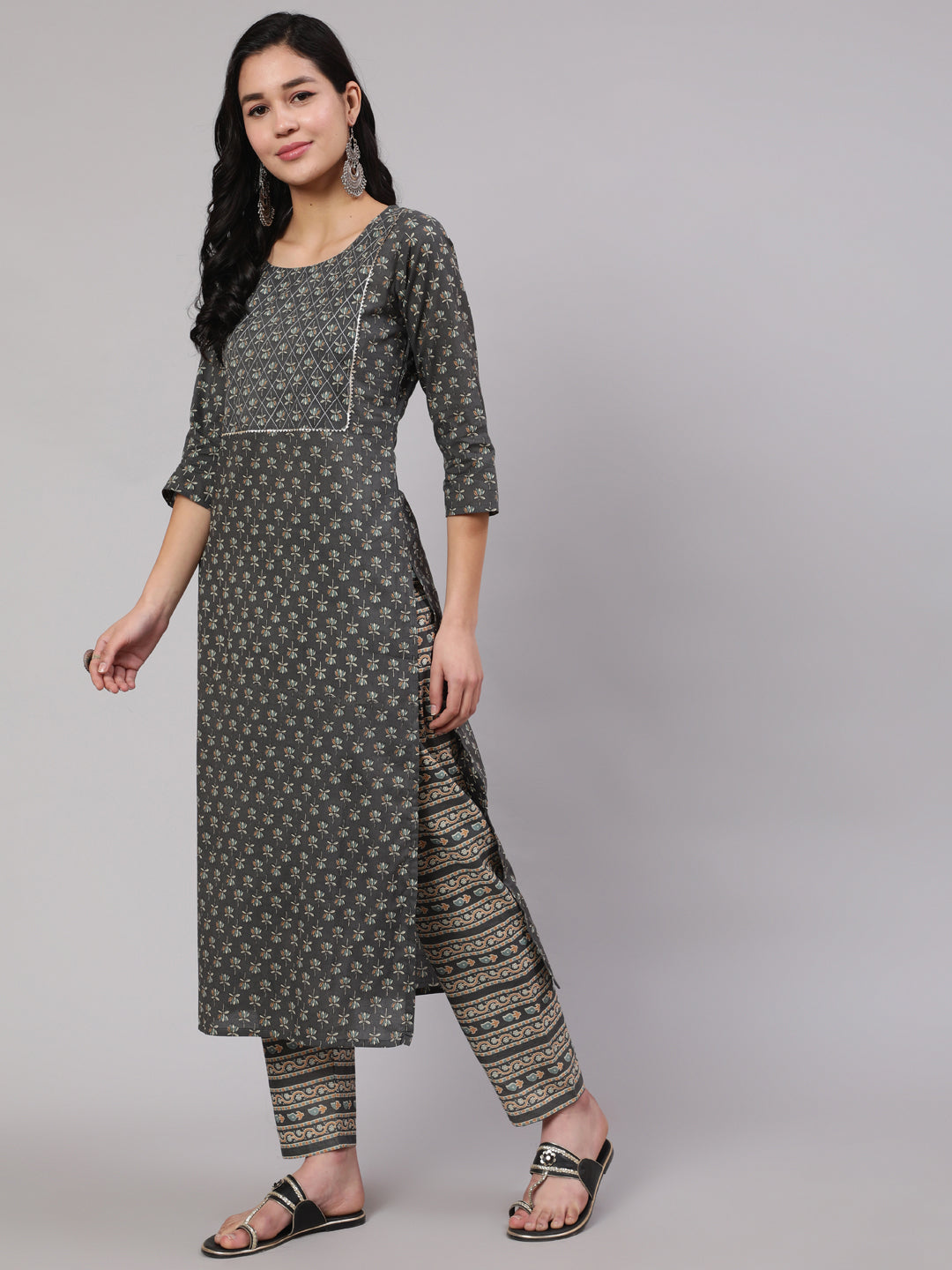 Women Grey Printed Straight Kurta With Trouser | LASVINI - Redefining Indian Fashion with Elegance