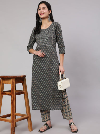 Women Grey Printed Straight Kurta With Trouser | LASVINI - Redefining Indian Fashion with Elegance