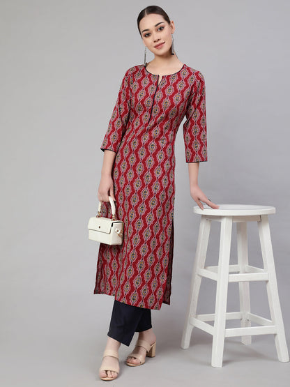 Women Maroon Ethnic Printed Straight Kurta With Trouser | LASVINI - Redefining Indian Fashion with Elegance