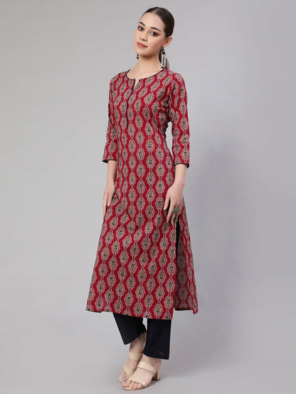 Women Maroon Ethnic Printed Straight Kurta With Trouser | LASVINI - Redefining Indian Fashion with Elegance