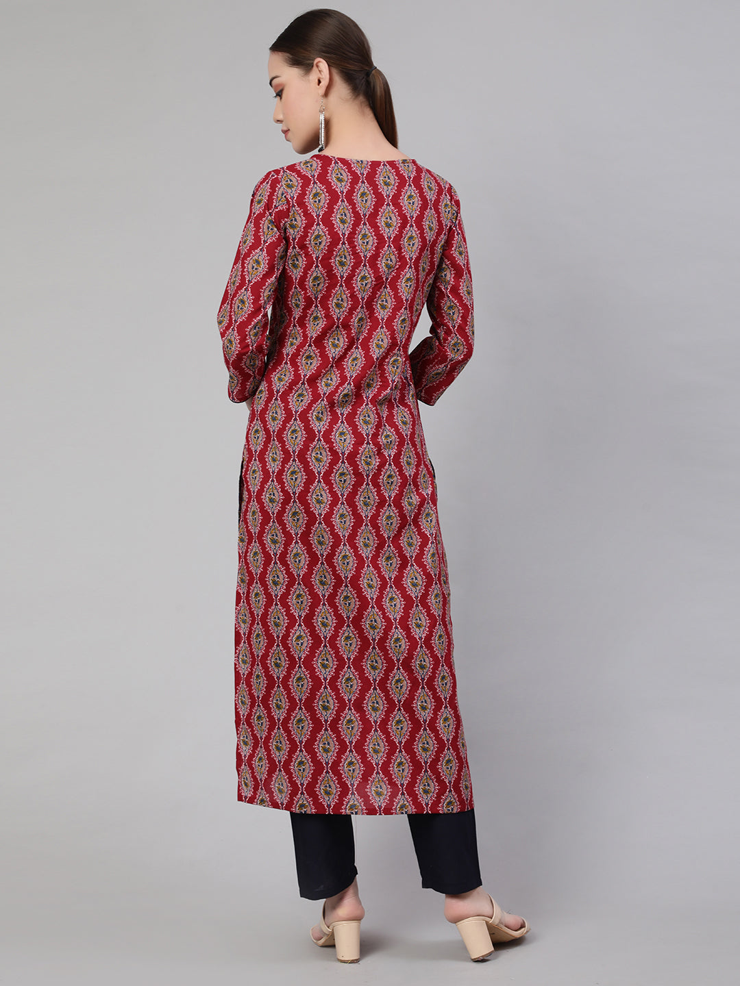 Women Maroon Ethnic Printed Straight Kurta With Trouser | LASVINI - Redefining Indian Fashion with Elegance