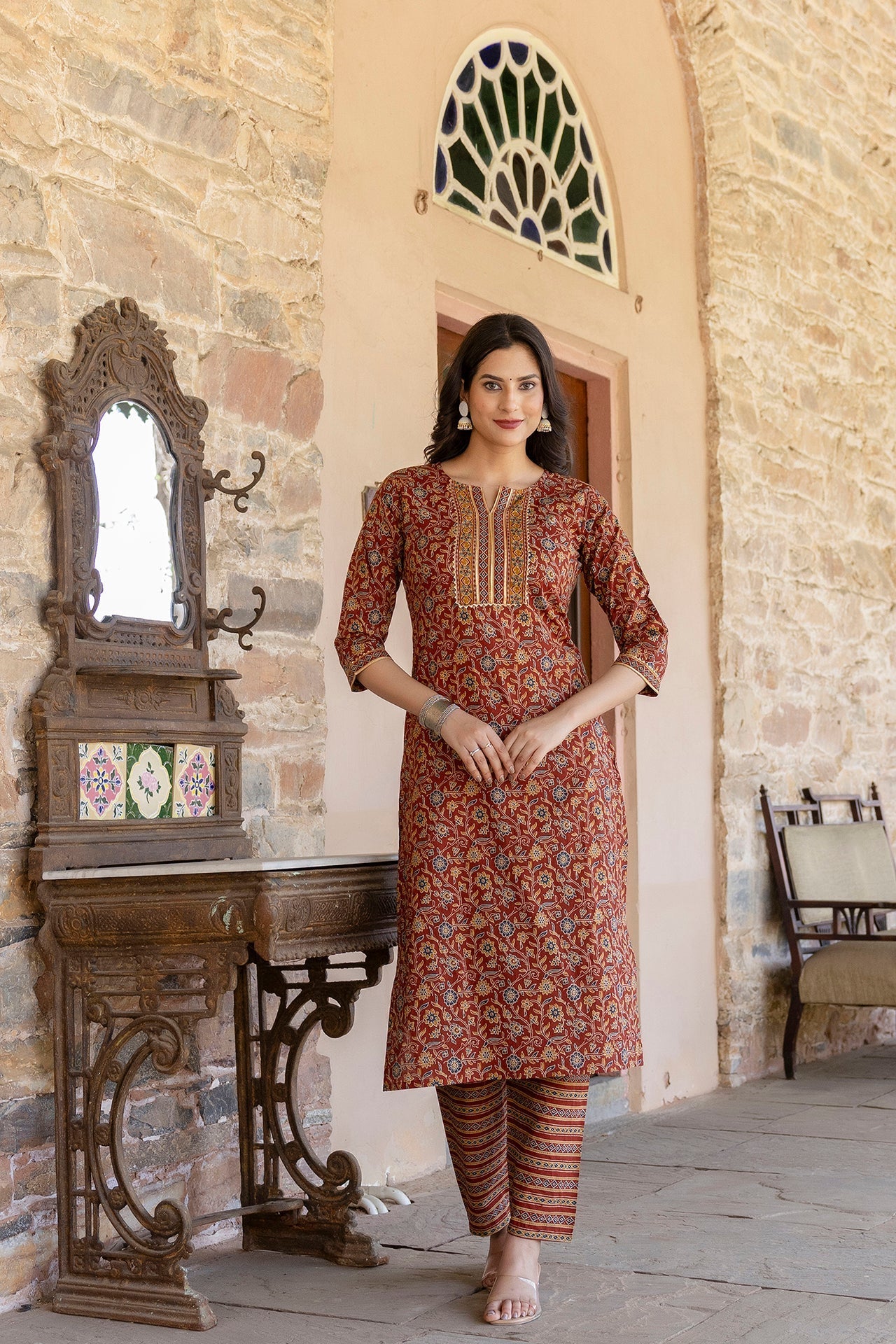 Women Maroon Ethnic Printed Straight Kurta With Trouser | LASVINI - Redefining Indian Fashion with Elegance