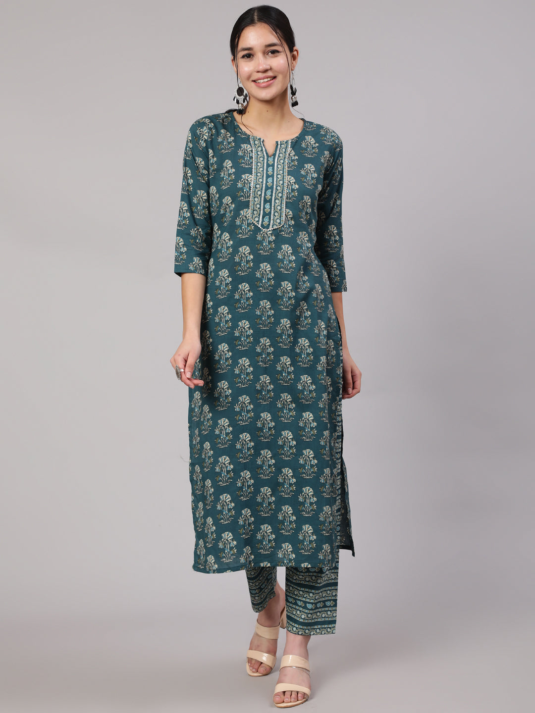 Women Teal Blue Printed Straight Kurta With Trouser | LASVINI - Redefining Indian Fashion with Elegance