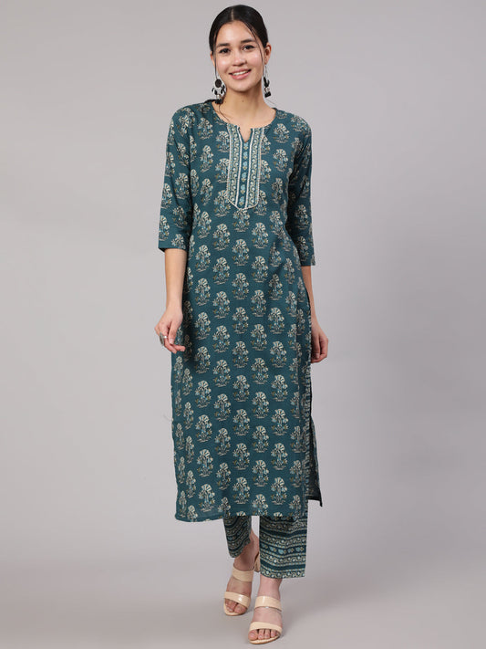 Women Teal Blue Printed Straight Kurta With Trouser | LASVINI - Redefining Indian Fashion with Elegance