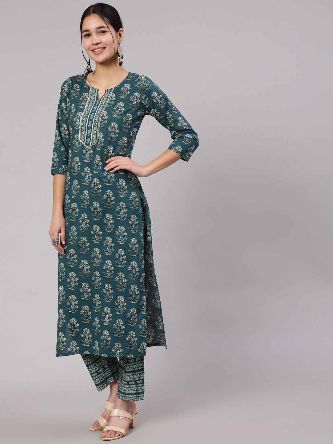 Women Teal Blue Printed Straight Kurta With Trouser | LASVINI - Redefining Indian Fashion with Elegance