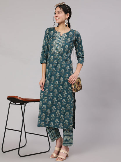 Women Teal Blue Printed Straight Kurta With Trouser | LASVINI - Redefining Indian Fashion with Elegance
