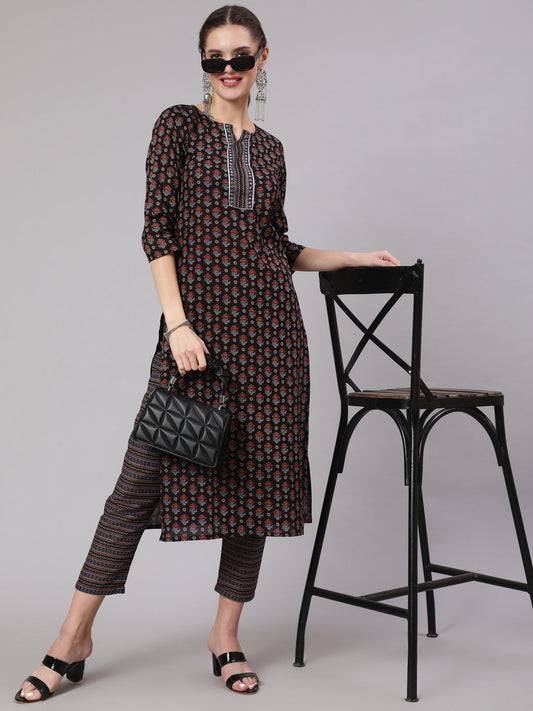 Women Black Ethnic Printed Straight Kurta With Trouser | LASVINI - Redefining Indian Fashion with Elegance