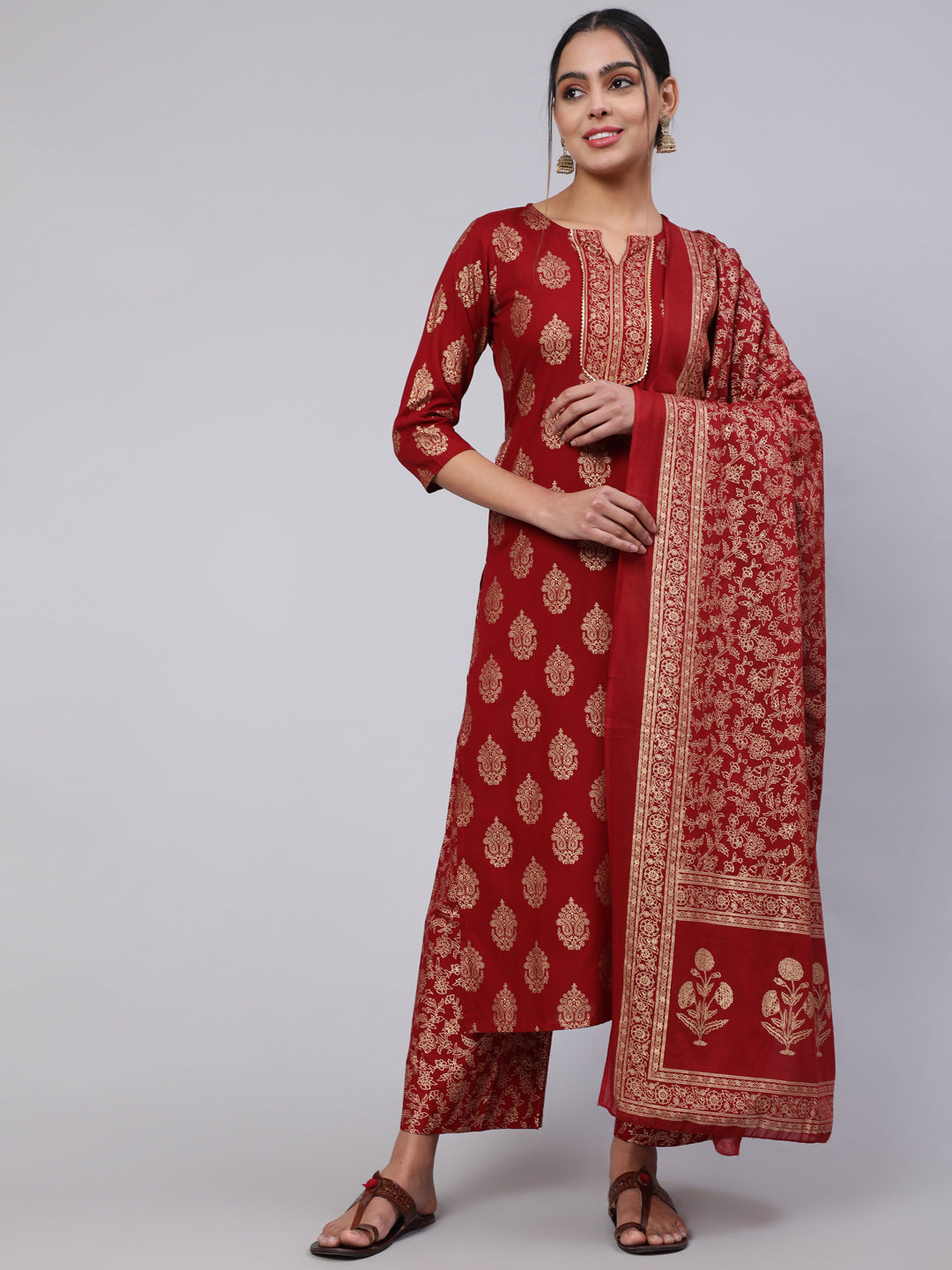 Women Maroon Ethnic Printed Kurta With Palazzo And Dupatta | LASVINI - Redefining Indian Fashion with Elegance