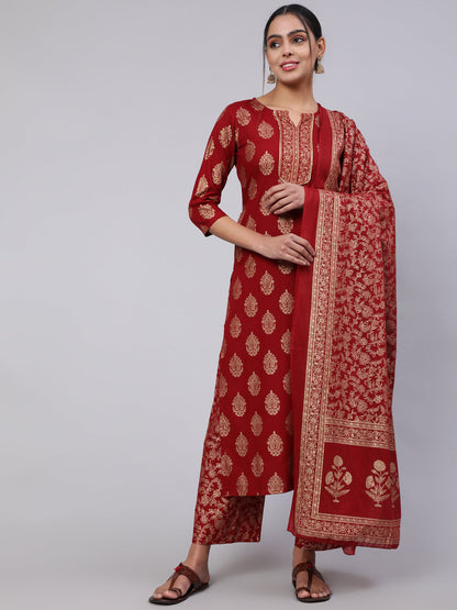 Women Maroon Ethnic Printed Kurta With Palazzo And Dupatta | LASVINI - Redefining Indian Fashion with Elegance