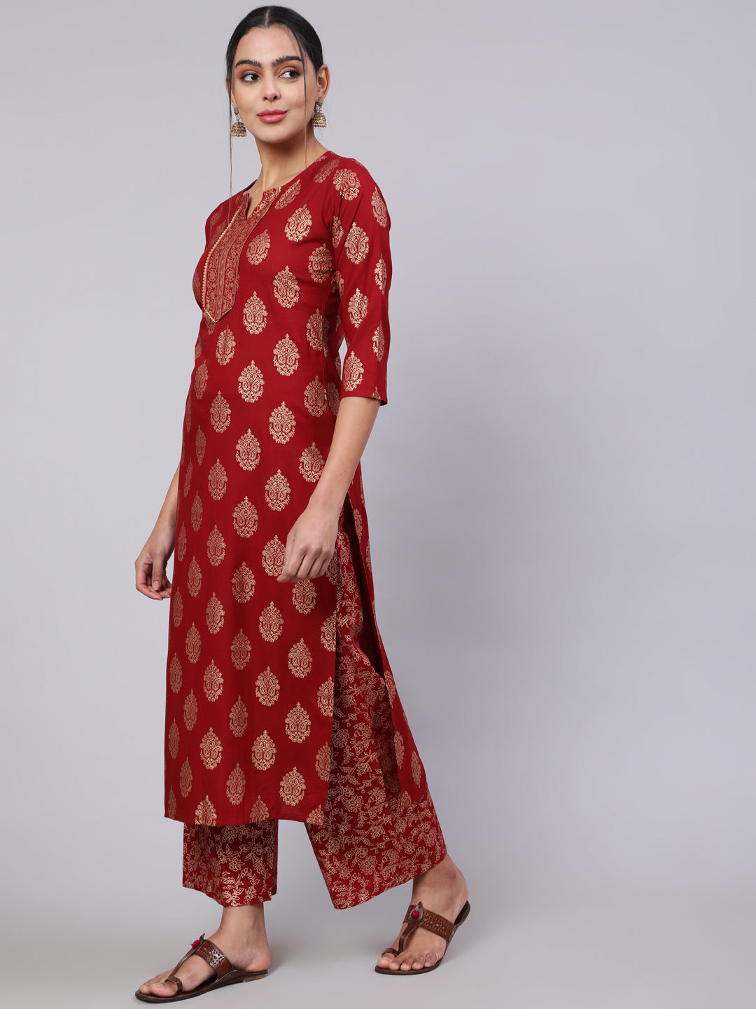 Women Maroon Ethnic Printed Kurta With Palazzo And Dupatta | LASVINI - Redefining Indian Fashion with Elegance