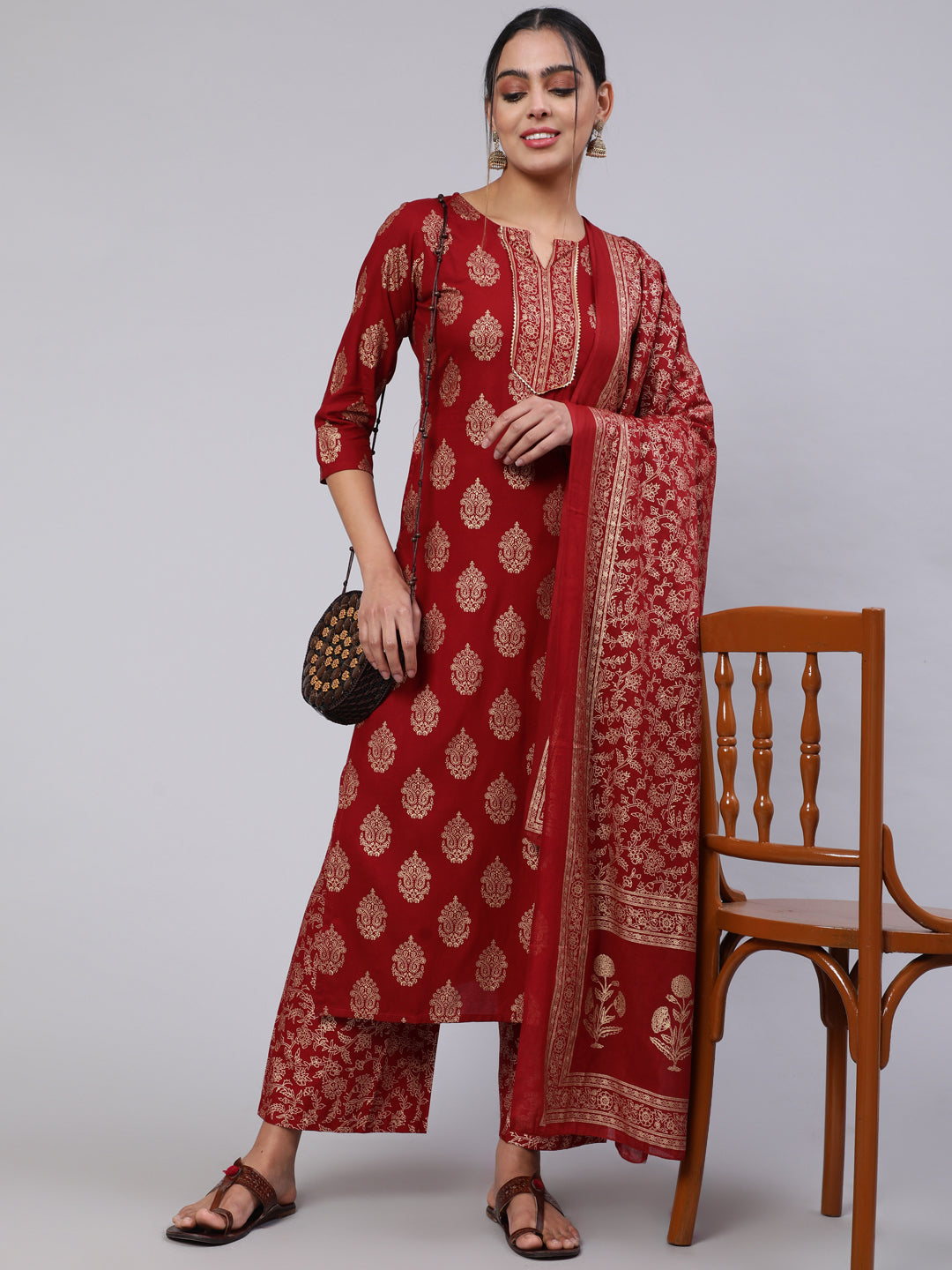 Women Maroon Ethnic Printed Kurta With Palazzo And Dupatta | LASVINI - Redefining Indian Fashion with Elegance
