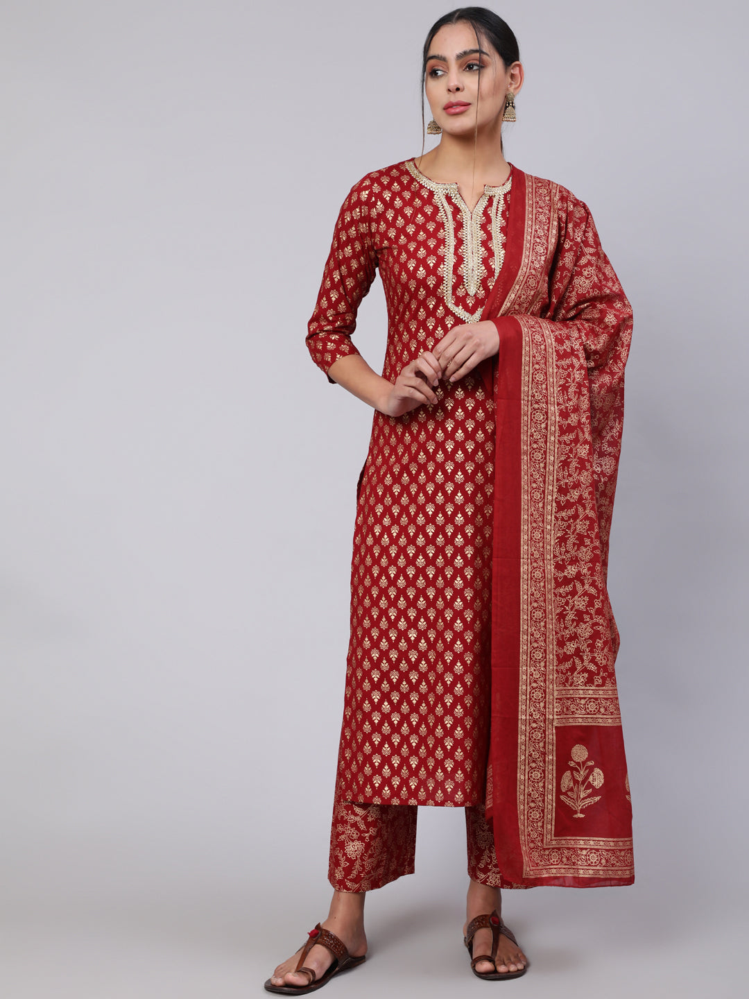 Women Maroon Ethnic Printed Kurta With Palazzo And Dupatta | LASVINI - Redefining Indian Fashion with Elegance