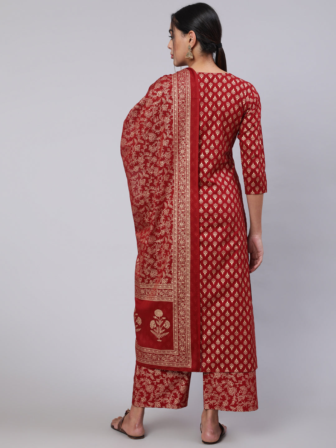 Women Maroon Ethnic Printed Kurta With Palazzo And Dupatta | LASVINI - Redefining Indian Fashion with Elegance
