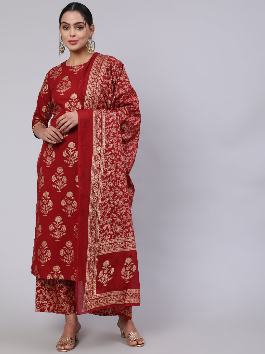 Women Maroon Ethnic Printed Kurta With Palazzo And Dupatta | LASVINI - Redefining Indian Fashion with Elegance