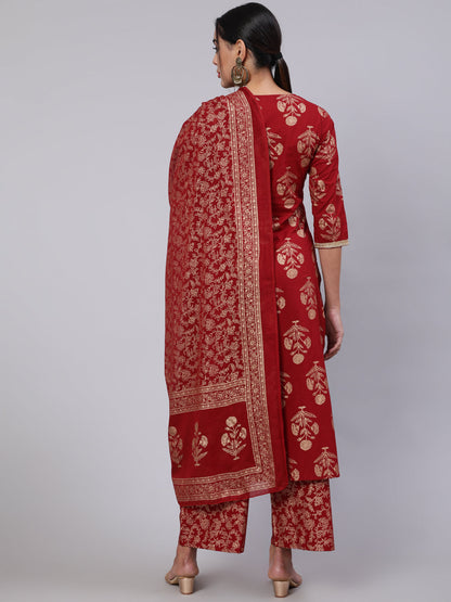 Women Maroon Ethnic Printed Kurta With Palazzo And Dupatta | LASVINI - Redefining Indian Fashion with Elegance