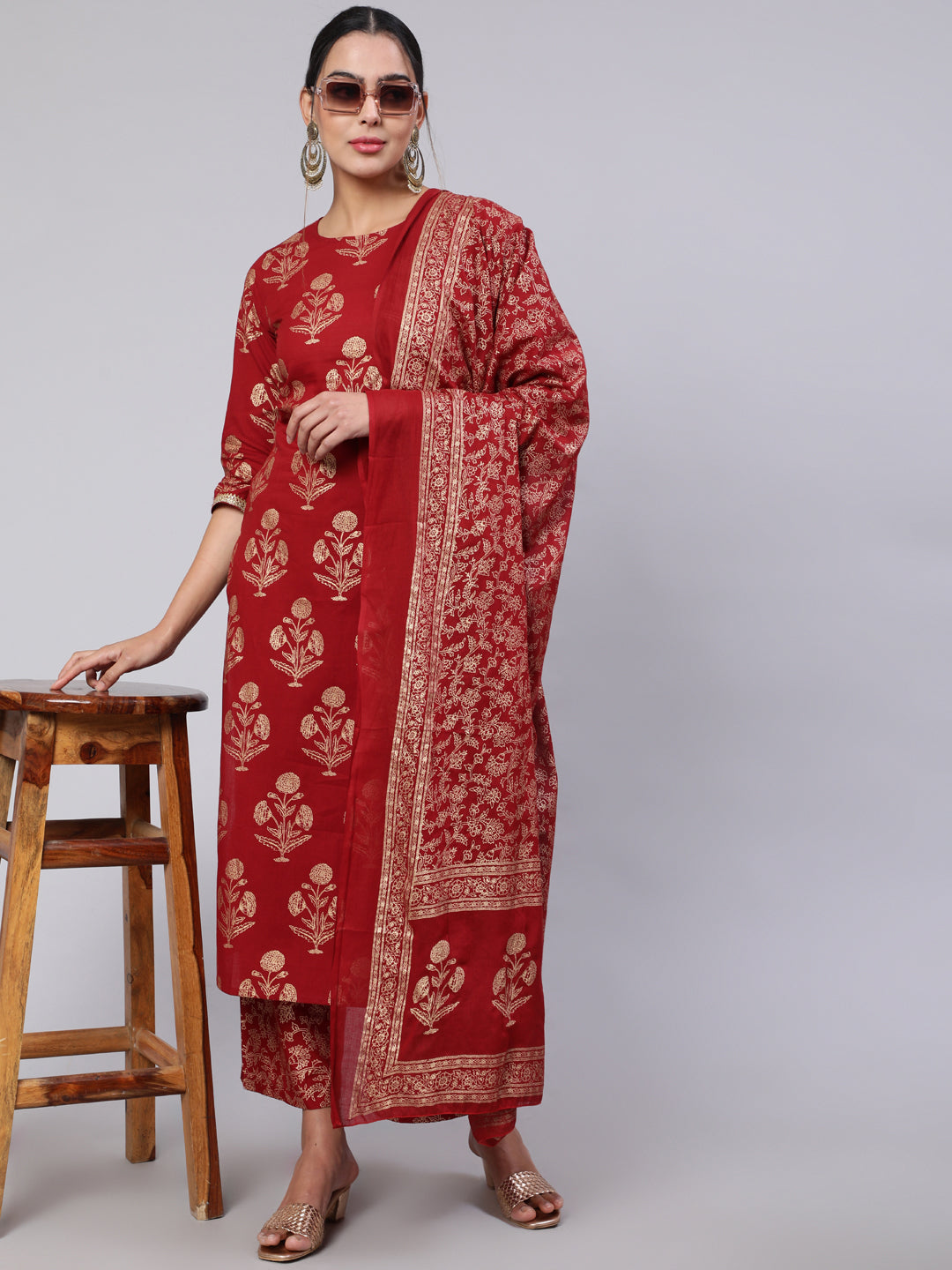 Women Maroon Ethnic Printed Kurta With Palazzo And Dupatta | LASVINI - Redefining Indian Fashion with Elegance
